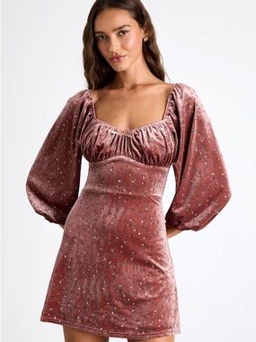 NWT Lulu’s Adored Perfection Mauve Floral Velvet Balloon Sleeve Mini Dress